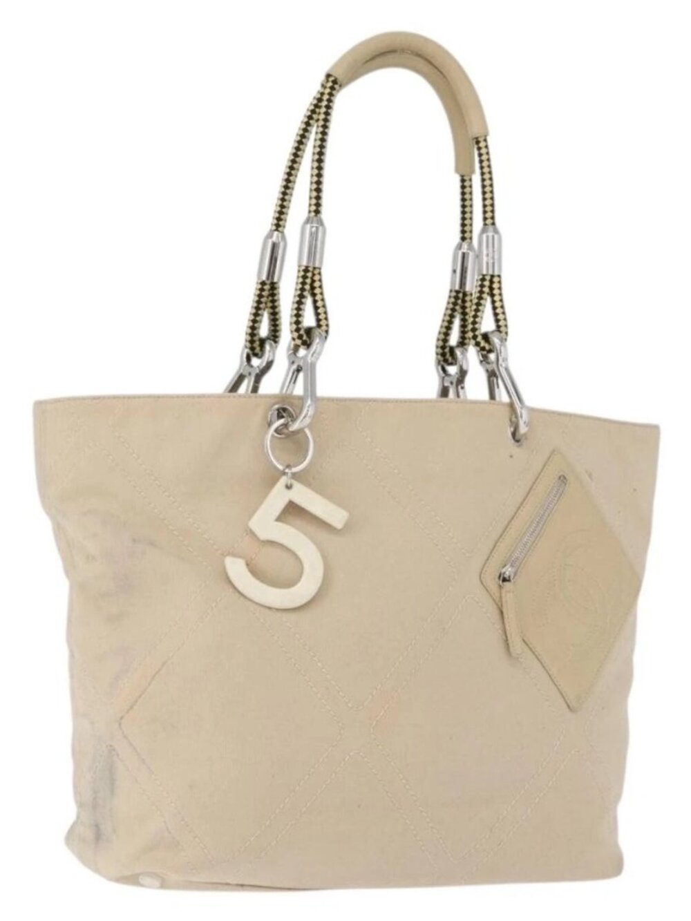 CHANEL Tote Bag No5 Canvas Beige Silver CC Auth 169753